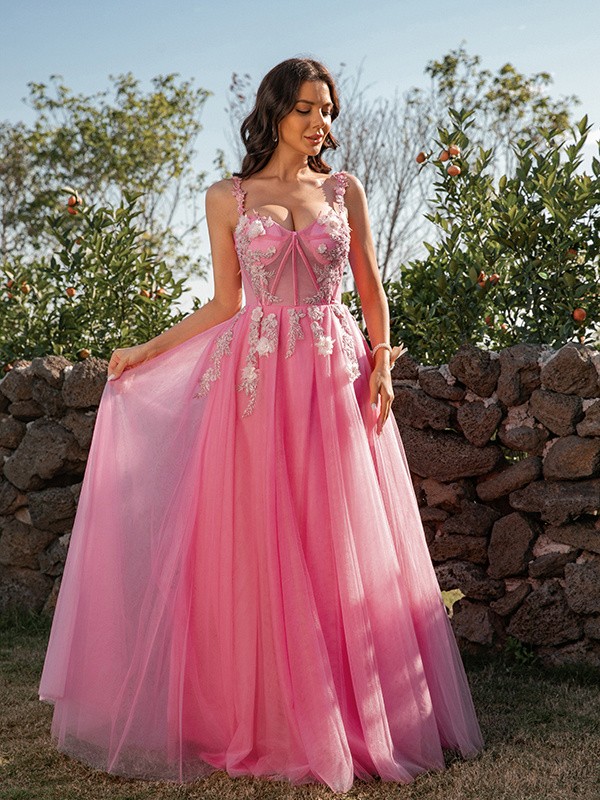 A-Line/Princess Tulle Applique Straps Sleeveless Floor-Length Dresses 5191