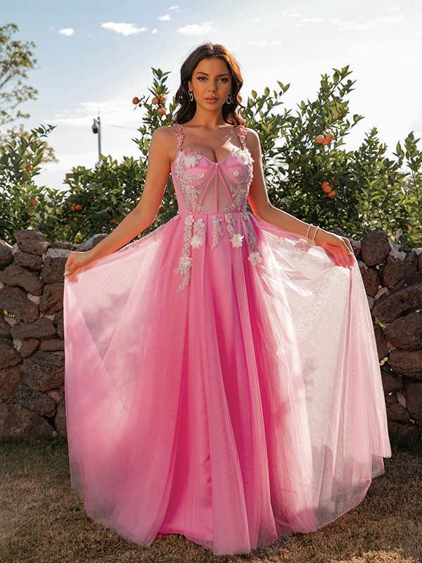 A-Line/Princess Tulle Applique Straps Sleeveless Floor-Length Dresses 5191