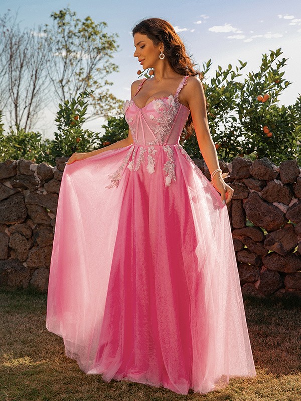 A-Line/Princess Tulle Applique Straps Sleeveless Floor-Length Dresses 5191