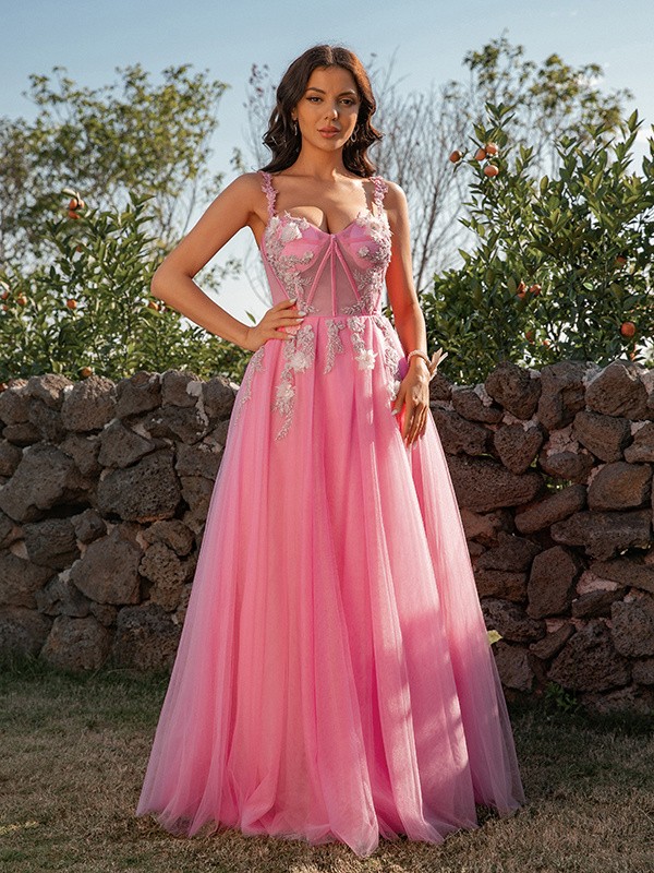 A-Line/Princess Tulle Applique Straps Sleeveless Floor-Length Dresses 5191