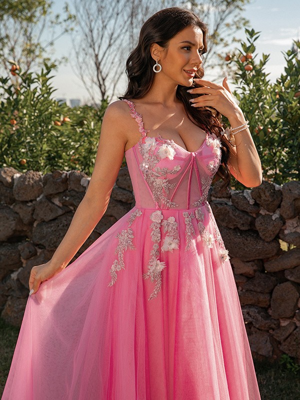 A-Line/Princess Tulle Applique Straps Sleeveless Floor-Length Dresses 5191