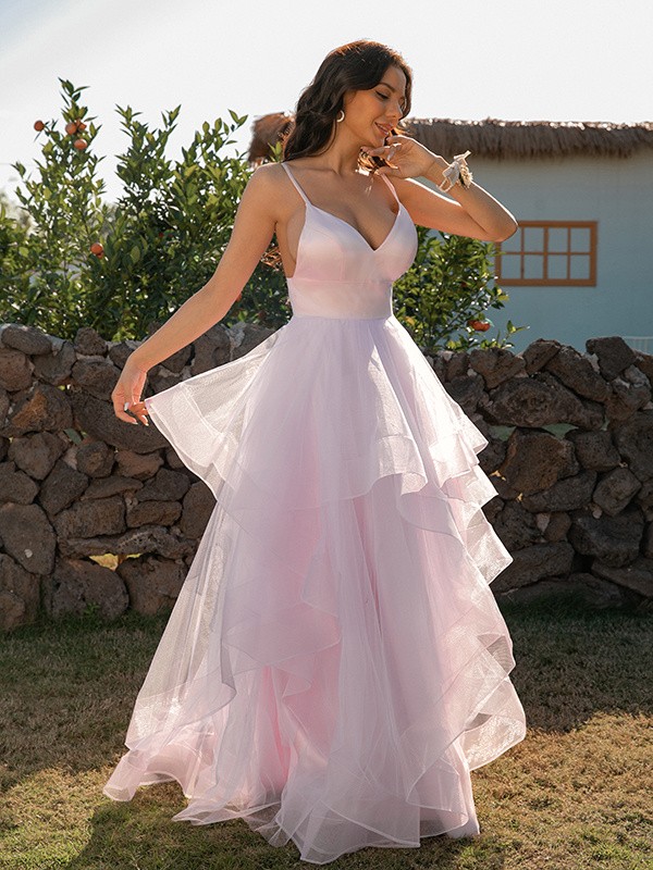 A-Line/Princess Tulle Ruffles V-neck Sleeveless Floor-Length Dresses 5382