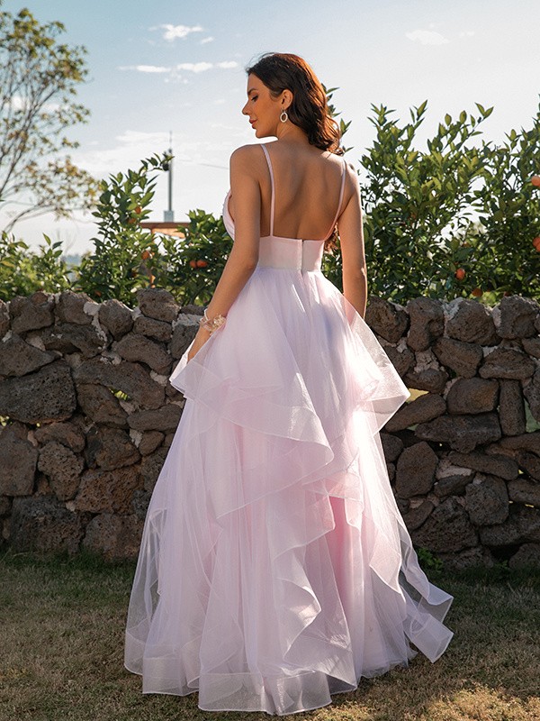 A-Line/Princess Tulle Ruffles V-neck Sleeveless Floor-Length Dresses 5382