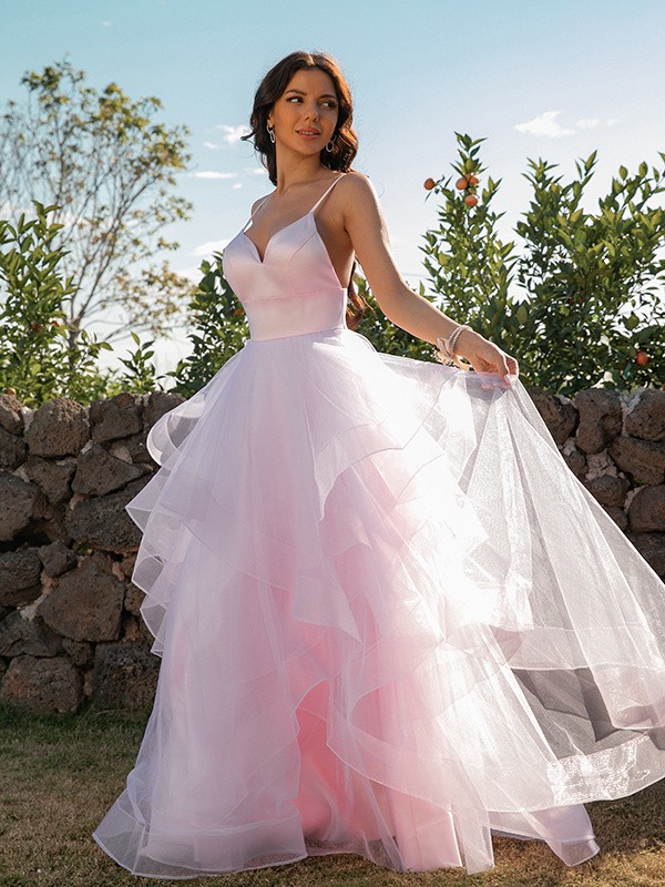 A-Line/Princess Tulle Ruffles V-neck Sleeveless Floor-Length Dresses 5382