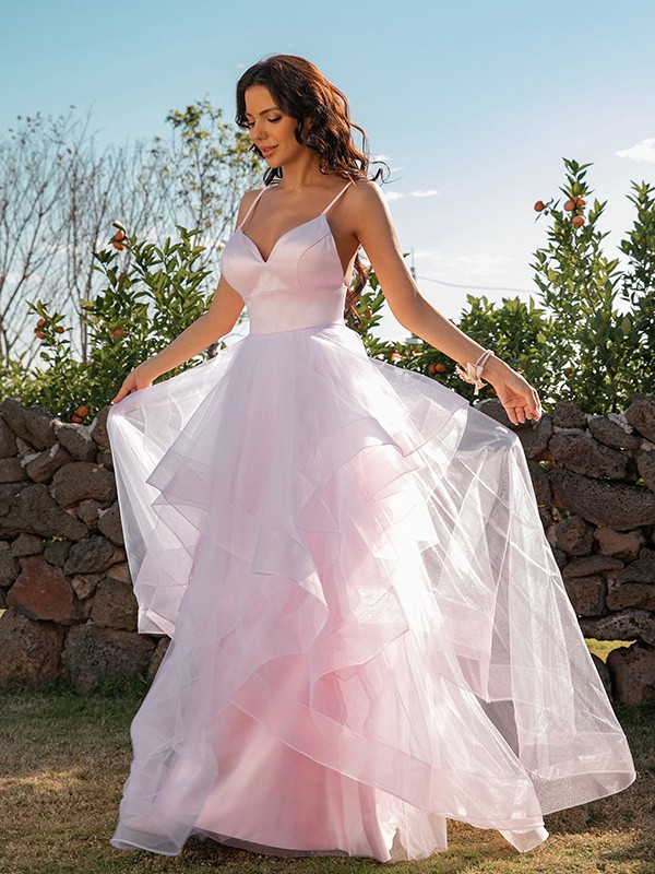 A-Line/Princess Tulle Ruffles V-neck Sleeveless Floor-Length Dresses 5382