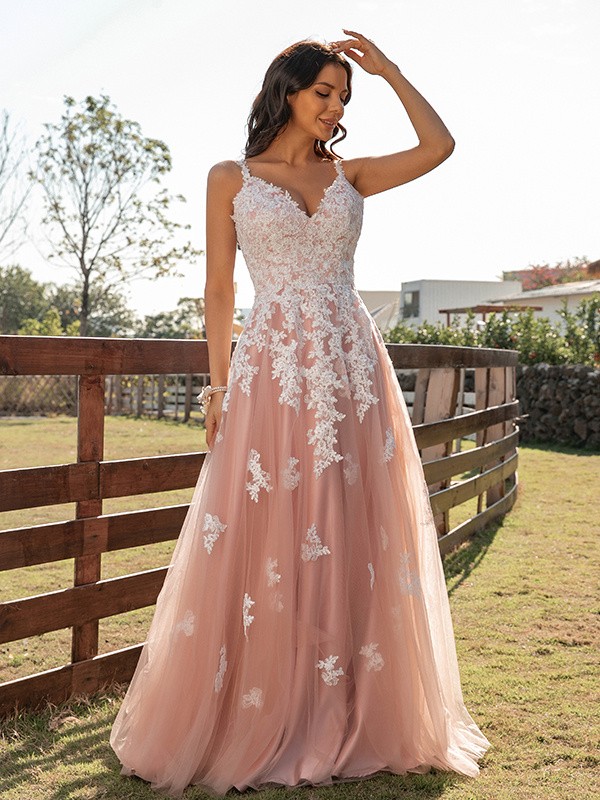 A-Line/Princess Tulle Applique V-neck Sleeveless Floor-Length Dresses 5211