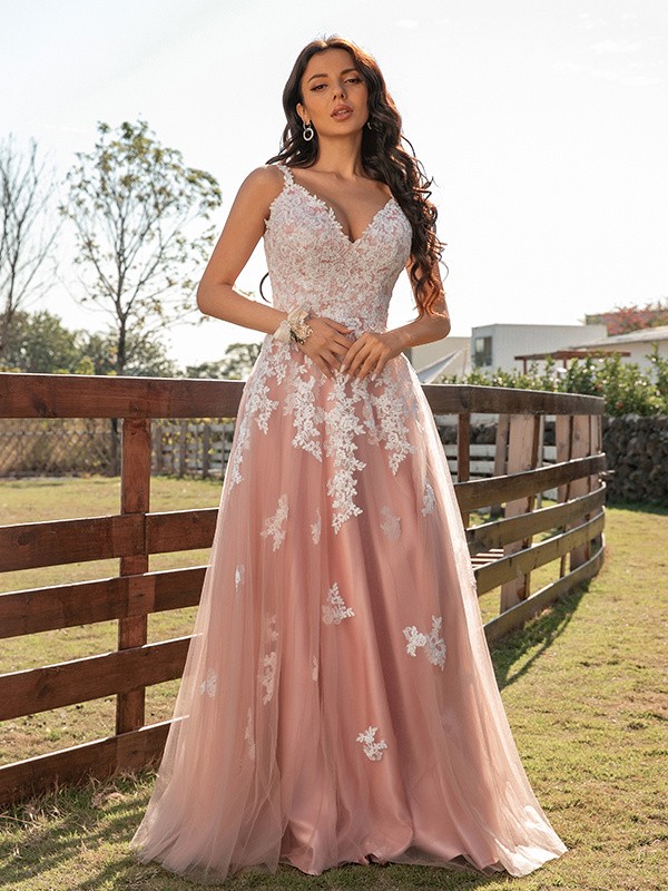 A-Line/Princess Tulle Applique V-neck Sleeveless Floor-Length Dresses 5211