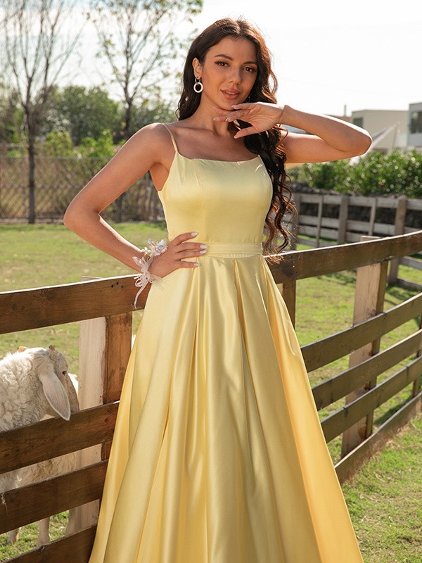 A-Line/Princess Satin Ruffles Spaghetti Straps Sleeveless Sweep/Brush Train Dresses 4188