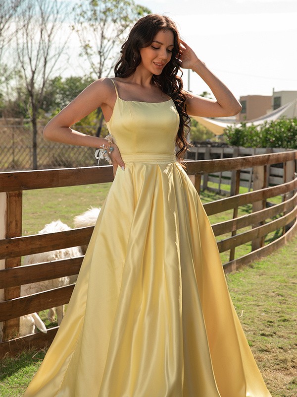 A-Line/Princess Satin Ruffles Spaghetti Straps Sleeveless Sweep/Brush Train Dresses 4188