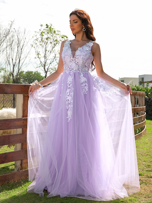 A-Line/Princess Tulle Applique V-neck Sleeveless Floor-Length Dresses 5212