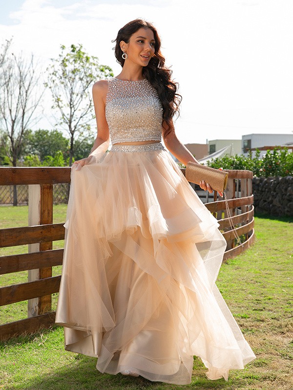 A-Line/Princess Tulle Beading Scoop Sleeveless Floor-Length Two Piece Dresses 5281