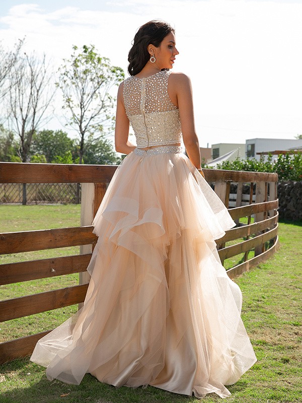 A-Line/Princess Tulle Beading Scoop Sleeveless Floor-Length Two Piece Dresses 5281