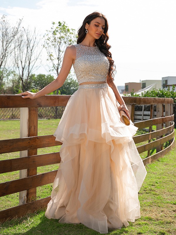 A-Line/Princess Tulle Beading Scoop Sleeveless Floor-Length Two Piece Dresses 5281