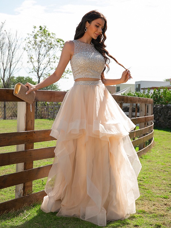 A-Line/Princess Tulle Beading Scoop Sleeveless Floor-Length Two Piece Dresses 5281