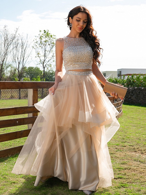 A-Line/Princess Tulle Beading Scoop Sleeveless Floor-Length Two Piece Dresses 5281