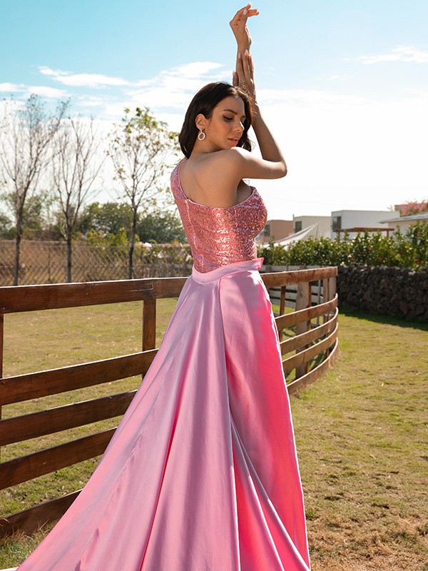 A-Line/Princess Elastic Woven Satin Sequin One-Shoulder Sleeveless Sweep/Brush Train Dresses 3542