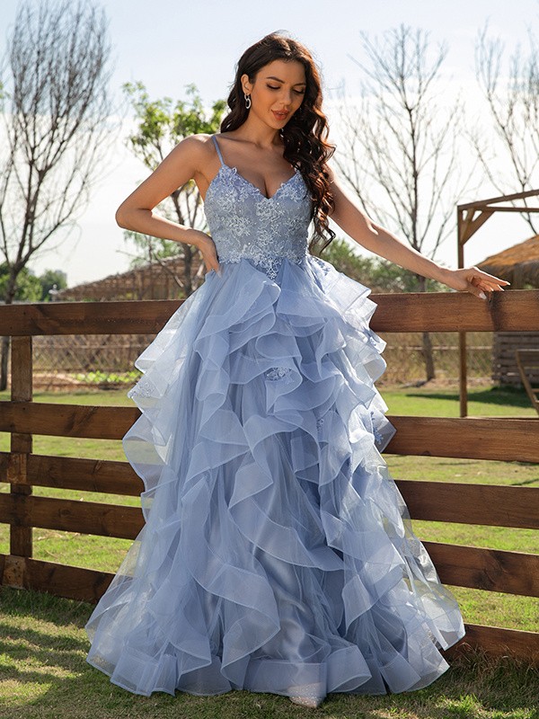 A-Line/Princess Tulle Applique V-neck Sleeveless Floor-Length Dresses 5213