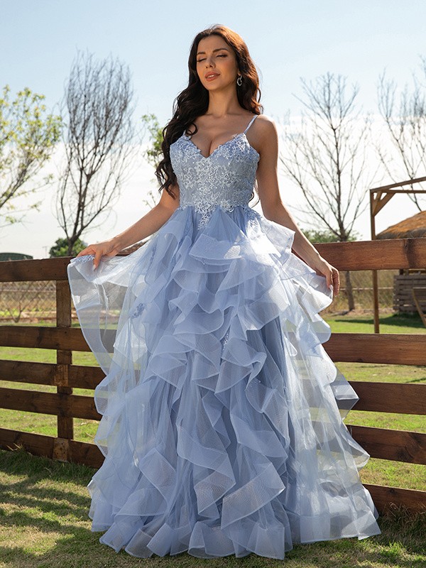 A-Line/Princess Tulle Applique V-neck Sleeveless Floor-Length Dresses 5213