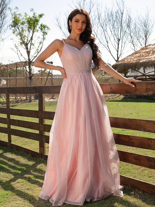 A-Line/Princess Ruched V-neck Sleeveless Floor-Length Dresses 3976