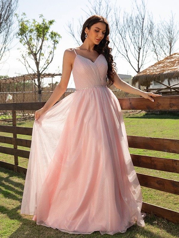 A-Line/Princess Ruched V-neck Sleeveless Floor-Length Dresses 3976