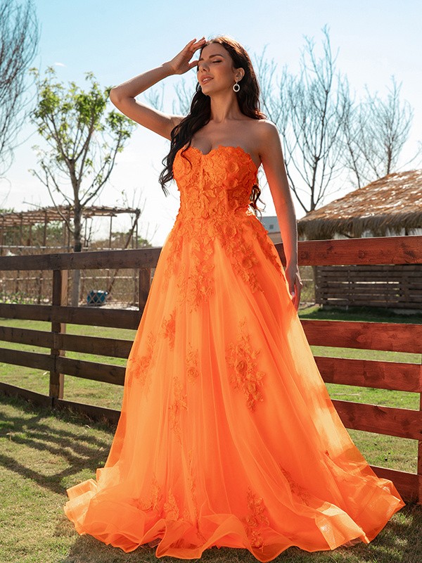 A-Line/Princess Tulle Applique Sweetheart Sleeveless Floor-Length Dresses 5199