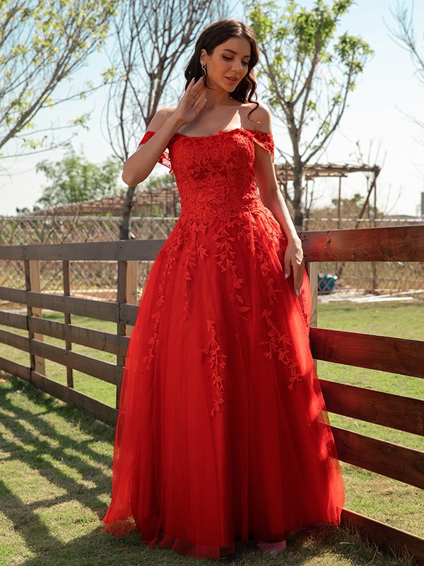 A-Line/Princess Tulle Applique Off-the-Shoulder Sleeveless Floor-Length Dresses 5145