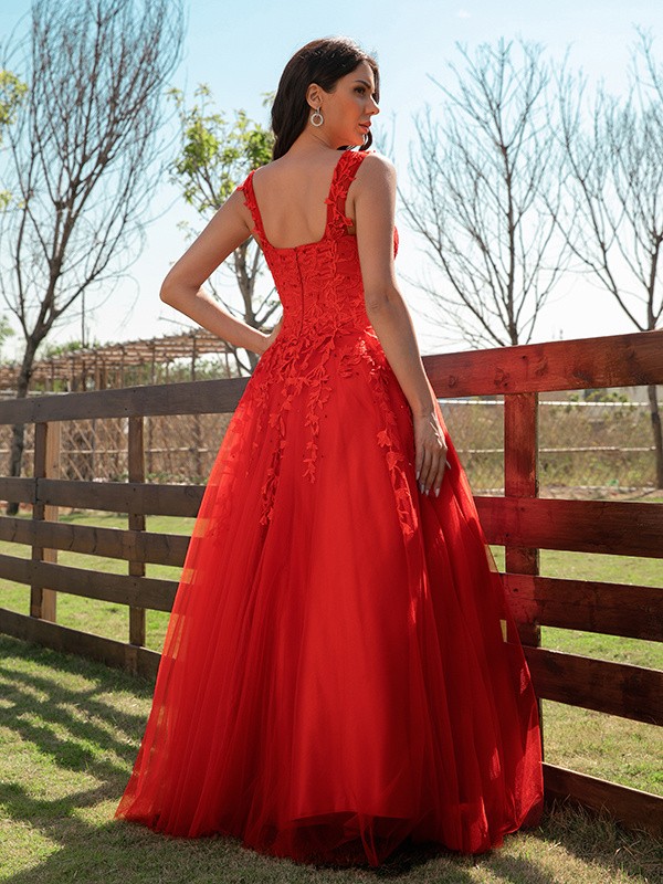 A-Line/Princess Tulle Applique Off-the-Shoulder Sleeveless Floor-Length Dresses 5145