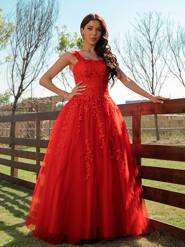 A-Line/Princess Tulle Applique Off-the-Shoulder Sleeveless Floor-Length Dresses 5145