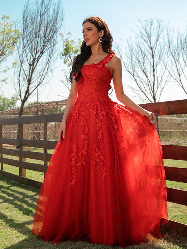 A-Line/Princess Tulle Applique Off-the-Shoulder Sleeveless Floor-Length Dresses 5145