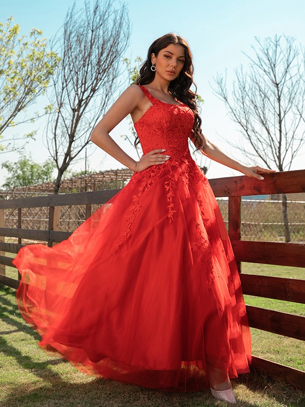 A-Line/Princess Tulle Applique Off-the-Shoulder Sleeveless Floor-Length Dresses 5145