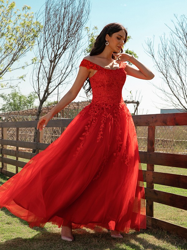 A-Line/Princess Tulle Applique Off-the-Shoulder Sleeveless Floor-Length Dresses 5145