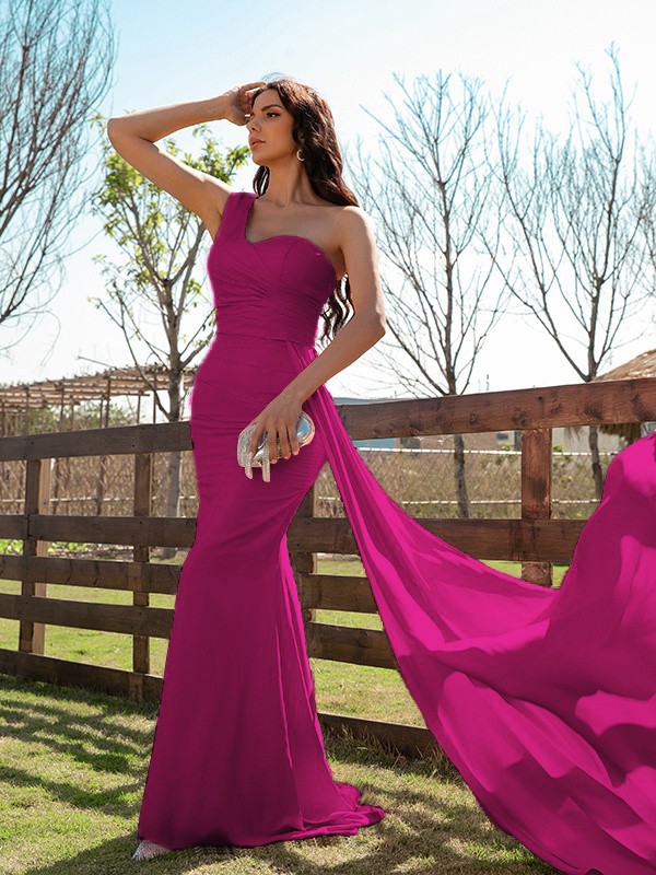 Sheath/Column Silk like Satin Ruched One-Shoulder Sleeveless Sweep/Brush Train Dresses 6525