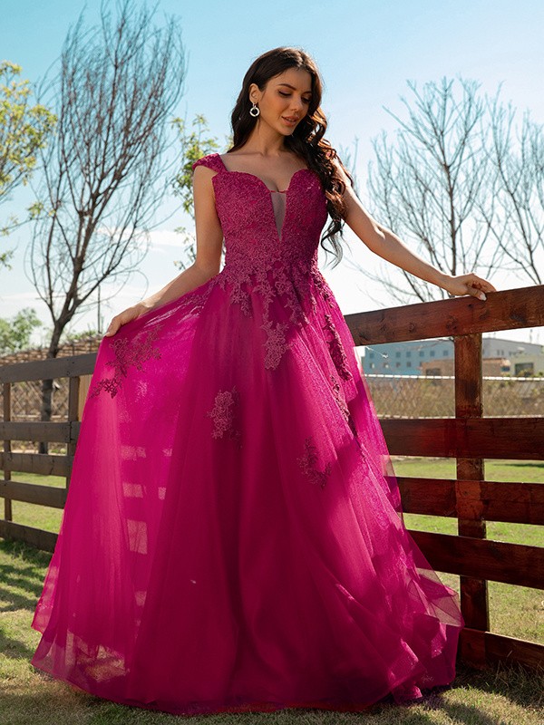 A-Line/Princess Tulle Applique V-neck Sleeveless Floor-Length Dresses 5214