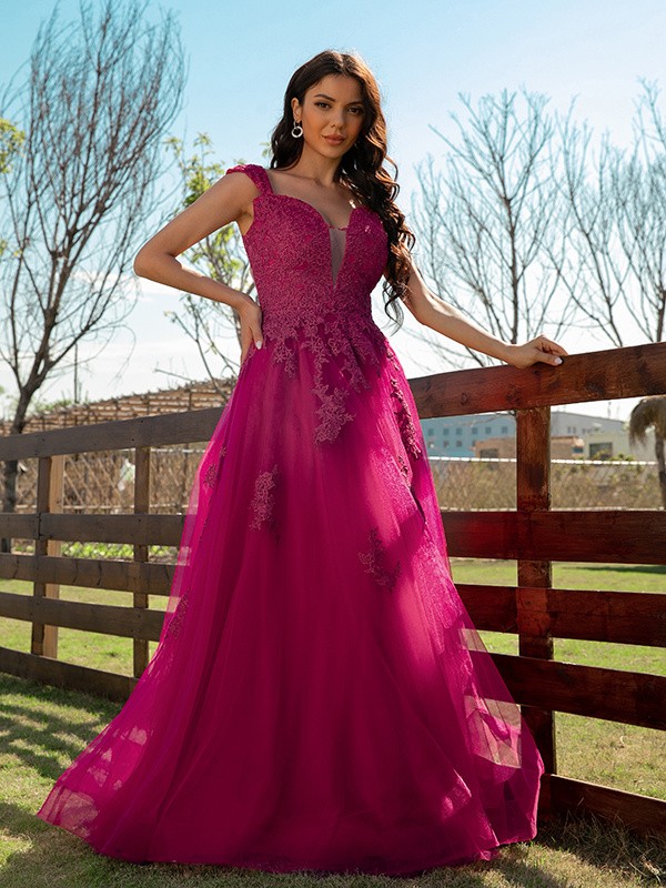 A-Line/Princess Tulle Applique V-neck Sleeveless Floor-Length Dresses 5214