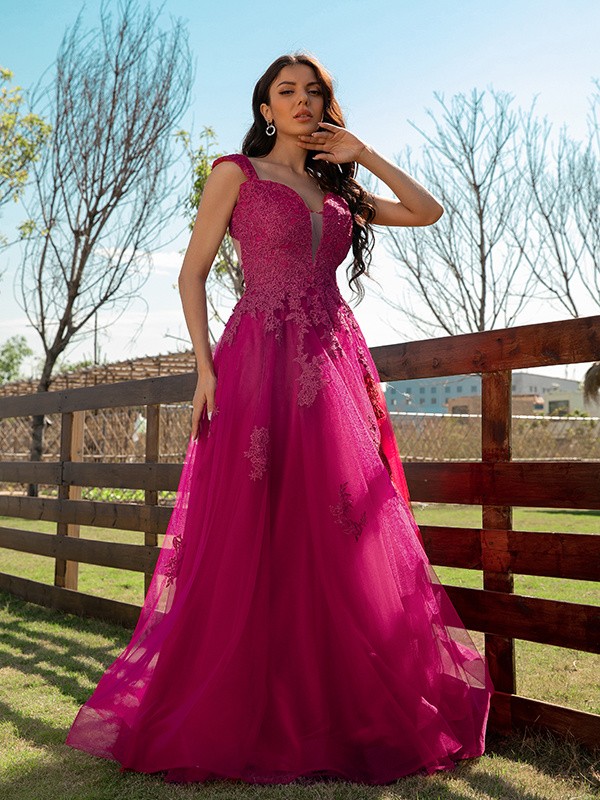 A-Line/Princess Tulle Applique V-neck Sleeveless Floor-Length Dresses 5214