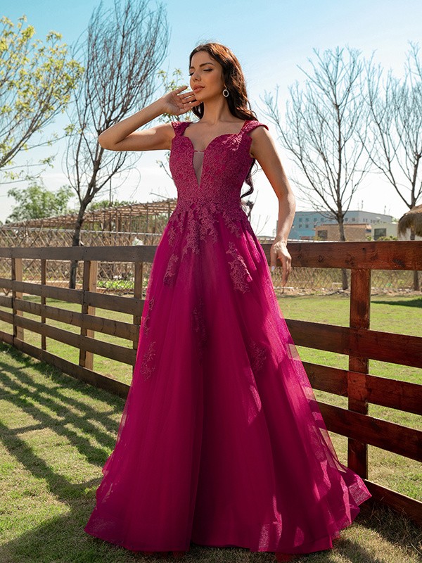 A-Line/Princess Tulle Applique V-neck Sleeveless Floor-Length Dresses 5214