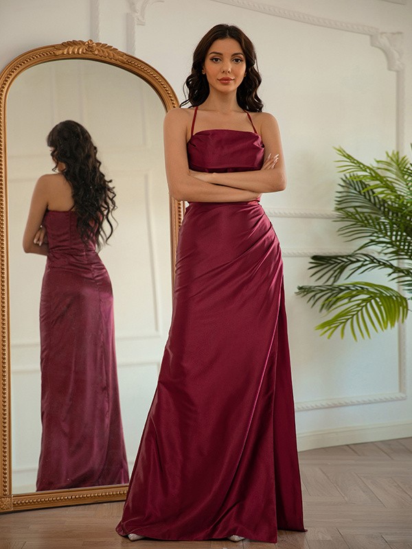 Sheath/Column Elastic Woven Satin Ruched Halter Sleeveless Floor-Length Dresses 5887