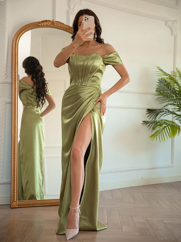 Sheath/Column Elastic Woven Satin Ruched Off-the-Shoulder Sleeveless Floor-Length Dresses 5891