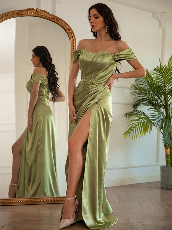 Sheath/Column Elastic Woven Satin Ruched Off-the-Shoulder Sleeveless Floor-Length Dresses 5891