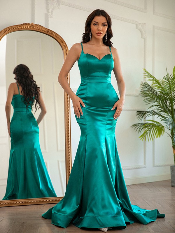 Sheath/Column Elastic Woven Satin Ruched V-neck Sleeveless Sweep/Brush Train Dresses 5943