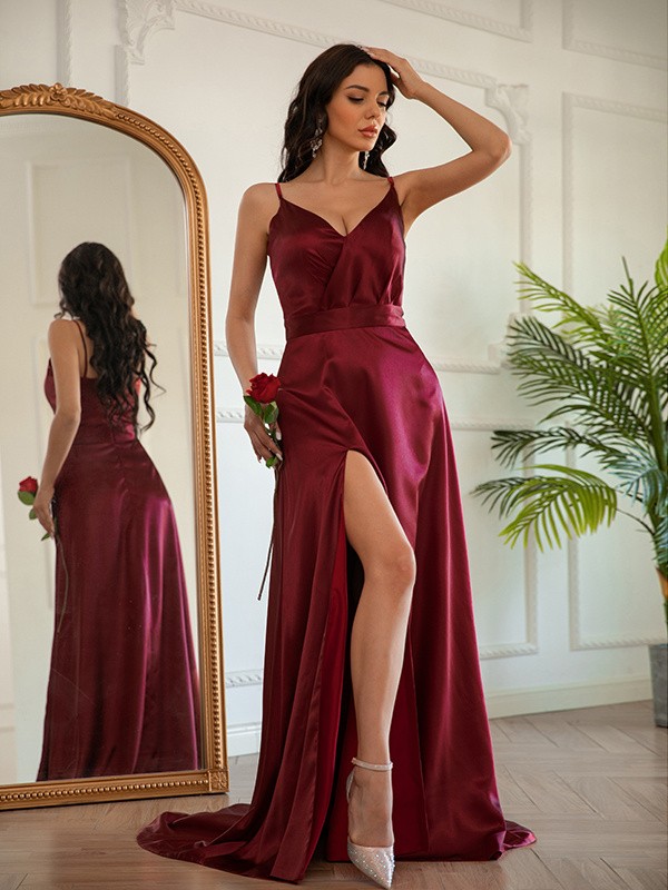 A-Line/Princess Silk like Satin Ruched V-neck Sleeveless Sweep/Brush Train Dresses 4448