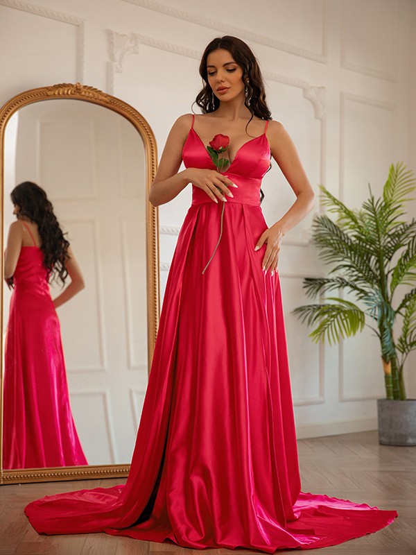 A-Line/Princess Silk like Satin Ruched V-neck Sleeveless Sweep/Brush Train Dresses 4449