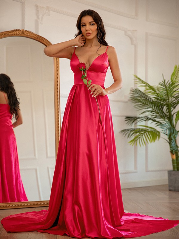 A-Line/Princess Silk like Satin Ruched V-neck Sleeveless Sweep/Brush Train Dresses 4449