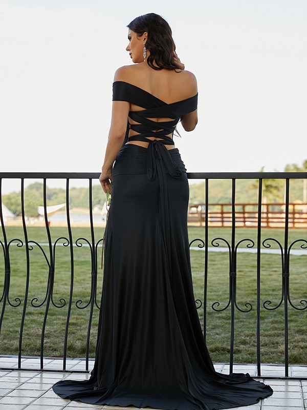 Sheath/Column Jersey Ruched Off-the-Shoulder Sleeveless Sweep/Brush Train Dresses 6011