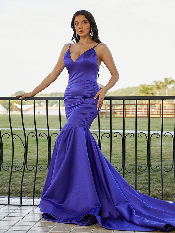 Trumpet/Mermaid Satin Ruffles V-neck Sleeveless Sweep/Brush Train Dresses 7239