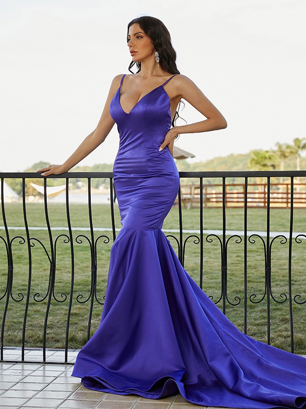 Trumpet/Mermaid Satin Ruffles V-neck Sleeveless Sweep/Brush Train Dresses 7239