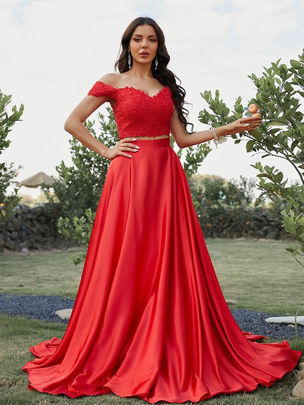 A-Line/Princess Silk like Satin Applique Off-the-Shoulder Sleeveless Sweep/Brush Train Two Piece Dresses 4438