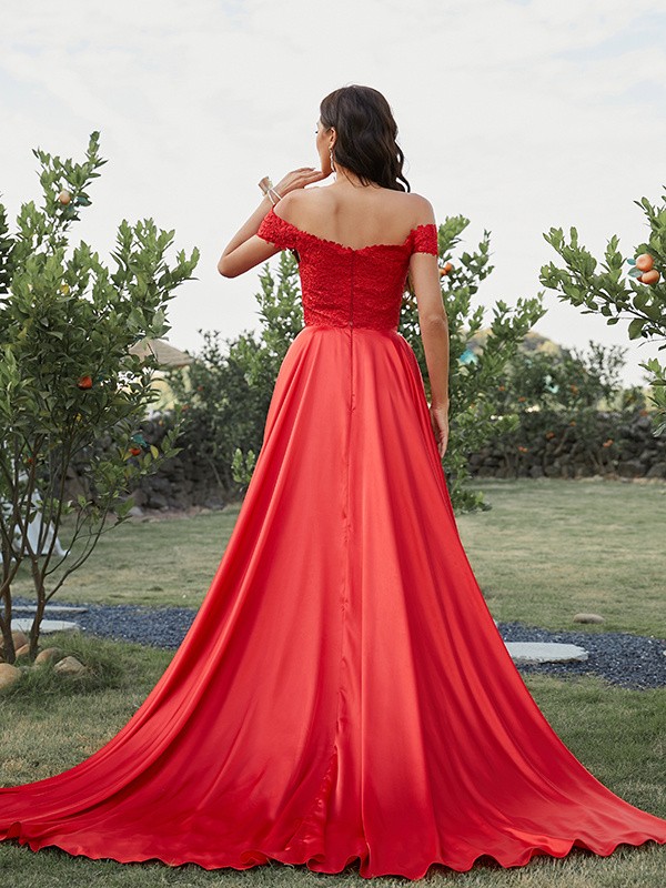 A-Line/Princess Silk like Satin Applique Off-the-Shoulder Sleeveless Sweep/Brush Train Two Piece Dresses 4438