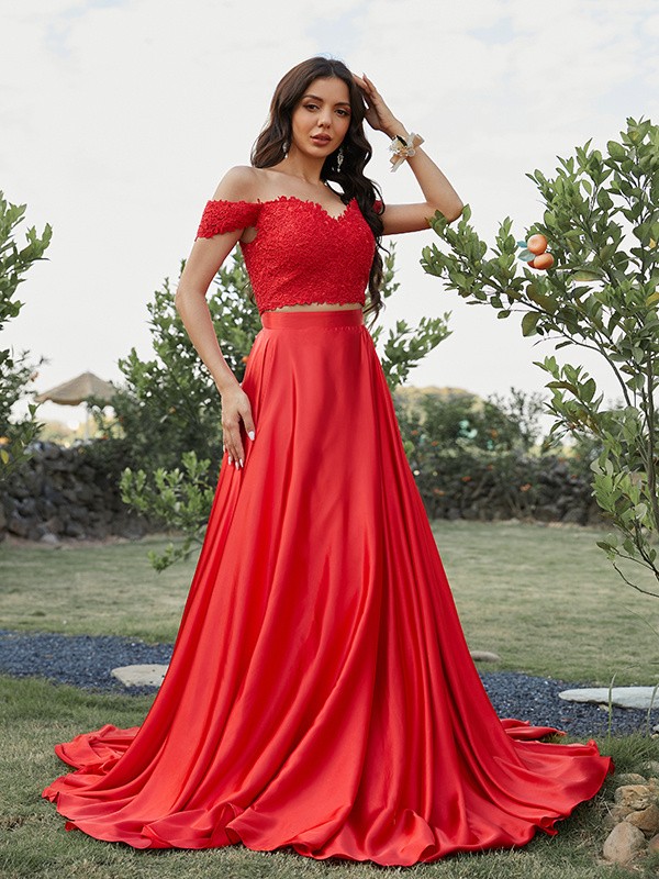 A-Line/Princess Silk like Satin Applique Off-the-Shoulder Sleeveless Sweep/Brush Train Two Piece Dresses 4438