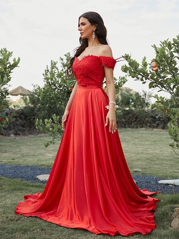 A-Line/Princess Silk like Satin Applique Off-the-Shoulder Sleeveless Sweep/Brush Train Two Piece Dresses 4438